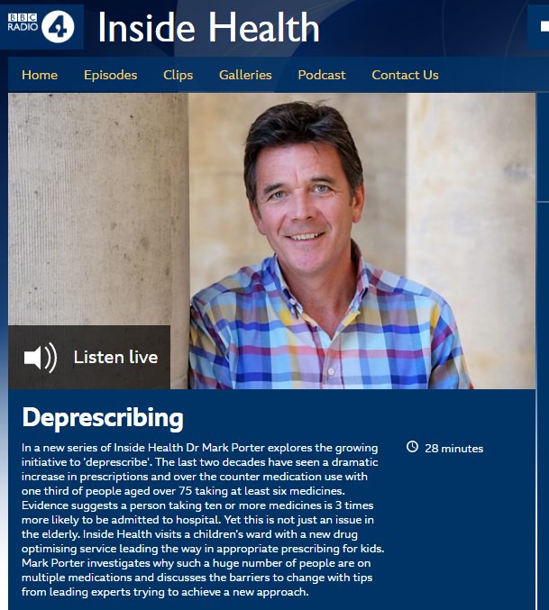 'Start with a stop' @drmarkporter exploring #Deprescribing on #InsideHealth for @BBCRadio4. Listen here: bbc.co.uk/programmes/m00…. Be part of the movement - join the English Deprescribing Network (EDeN) @EDeprescribeN here: smartsurvey.co.uk/s/JoinEDeN.