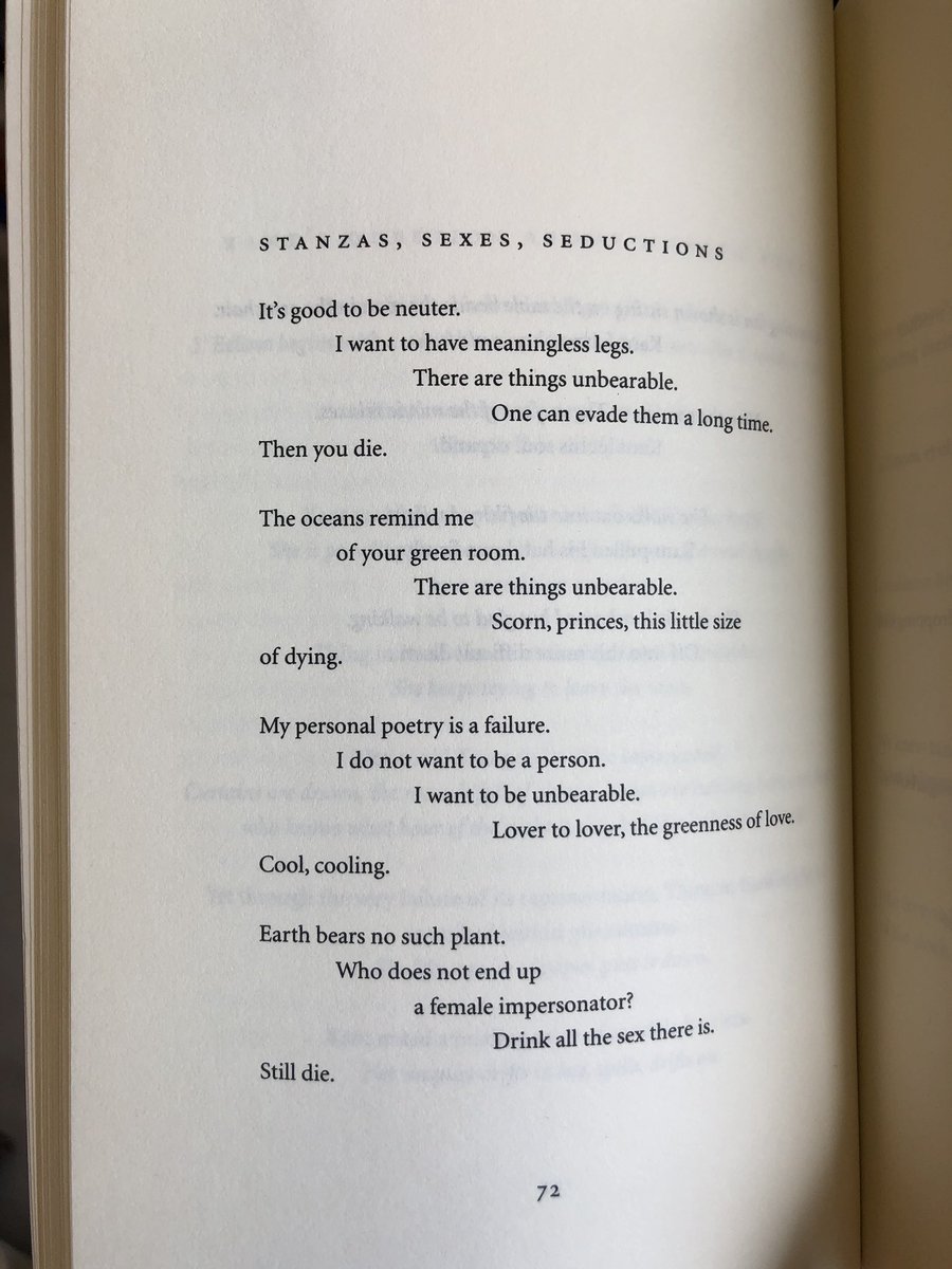 kjavadizadeh's tweet image. Anne Carson. “My personal poetry is a failure. / I do not want to be a person. / I want to be unbearable.”