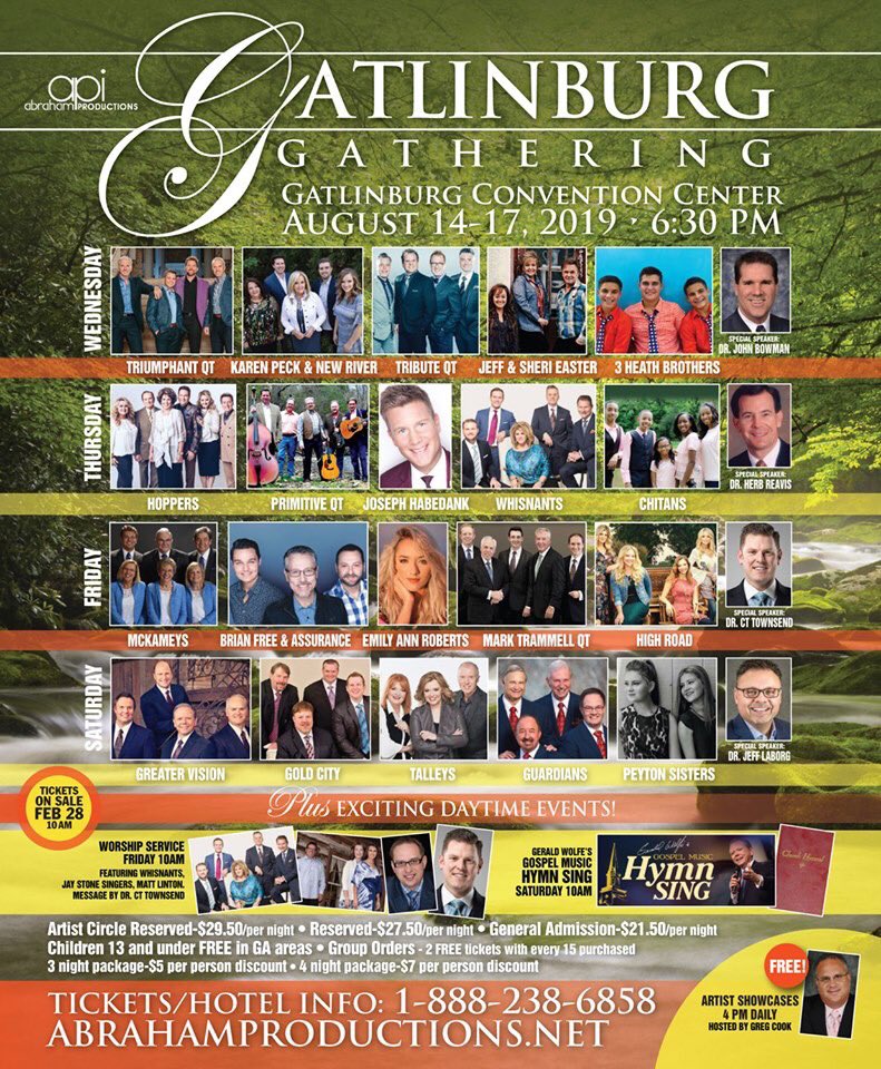 Gatlinburg, Tennessee + Gospel Music + pedestrian town = The Gatlinburg Gathering! We’d love to see you there August 14-17, 2019! Tickets available now! #abrahamproductions #gg2019 #gatlinburggathering  

Info➡️abrahamproductions.net/gatlinburg-gat… 
Or call: 1-888-238-6858