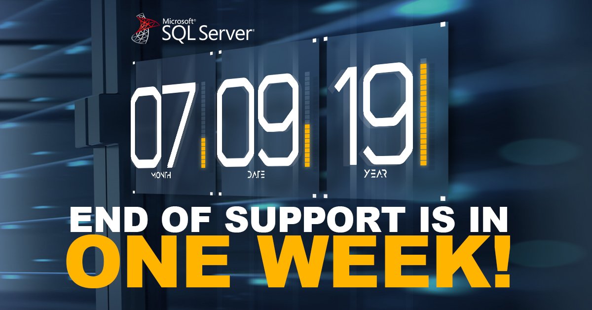 PCM's tweet image. Only one week left before @Microsoft #SQL2008 / 2008 R2 #EndofSupport is over. IT’S TIME TO ACT! And we can help. Everything you need to know about this migration at bit.ly/2LP9qPZ @PCM