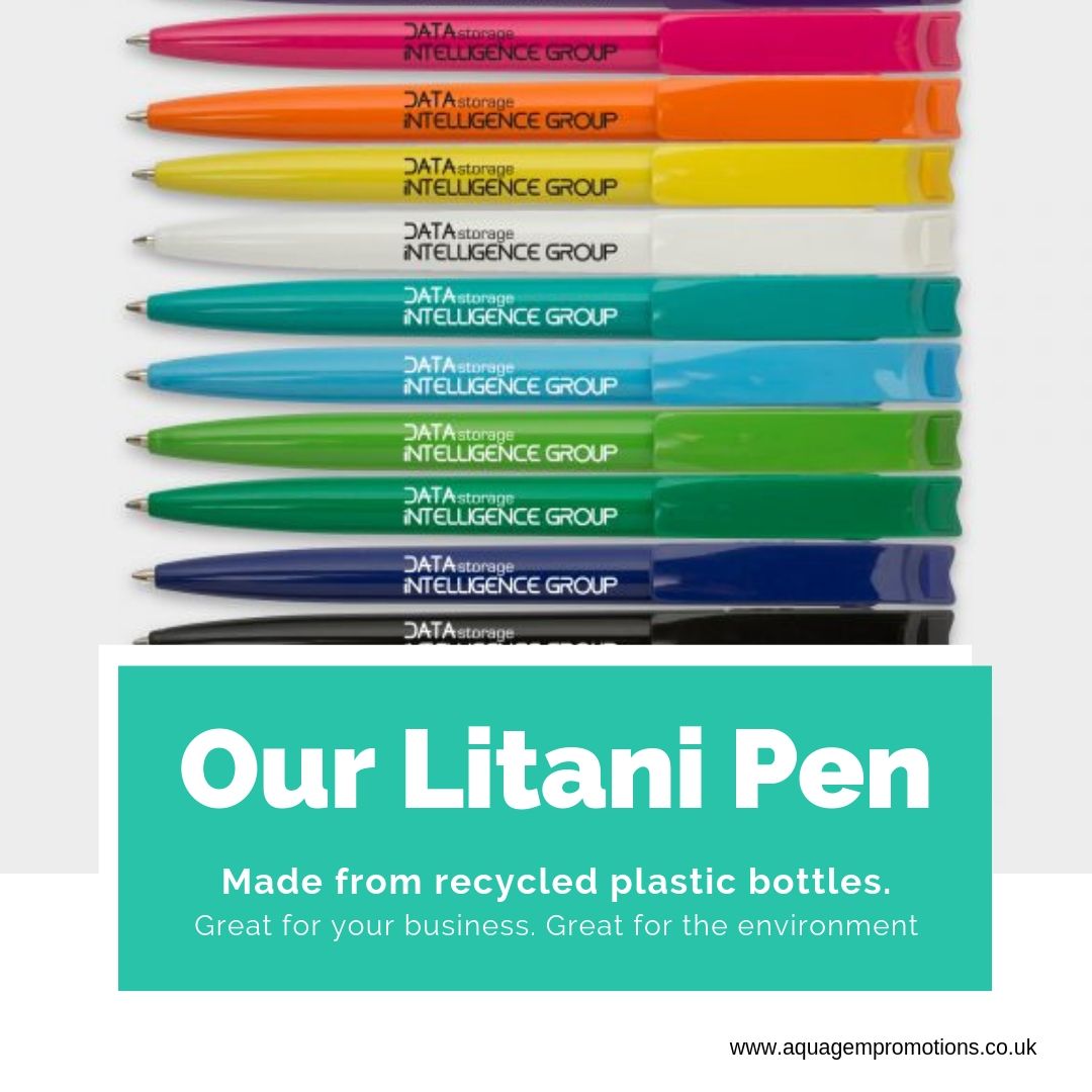 Take a look at the Litani pen. It comes in a range of colours &amp; you can have your logo printed on it,  but the most beautiful thing is that the Litani is made from recycled plastic bottles.

Oh, and it's priced from only 38p a pen.

 #recycledplastic #plasticfreejuly