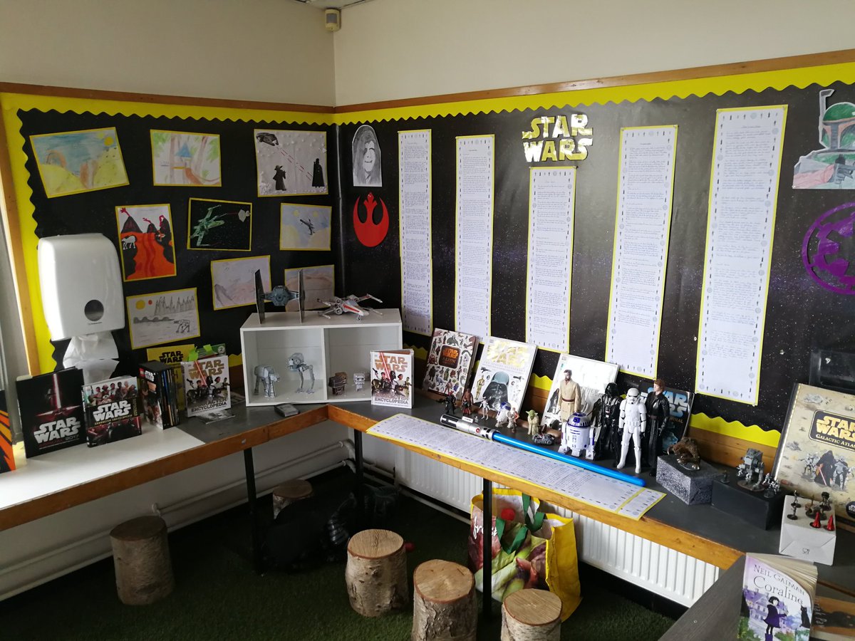 HemplandYear4's tweet photo. Our Star Wars reading corner display. Some amazing work by the kids - stand by for some examples of the 121 pages of writing that we've produced. And that's just in Bronte! @WriteTimeProj @HemplandPrimary @starwars https://t.co/c4PziGnxSu