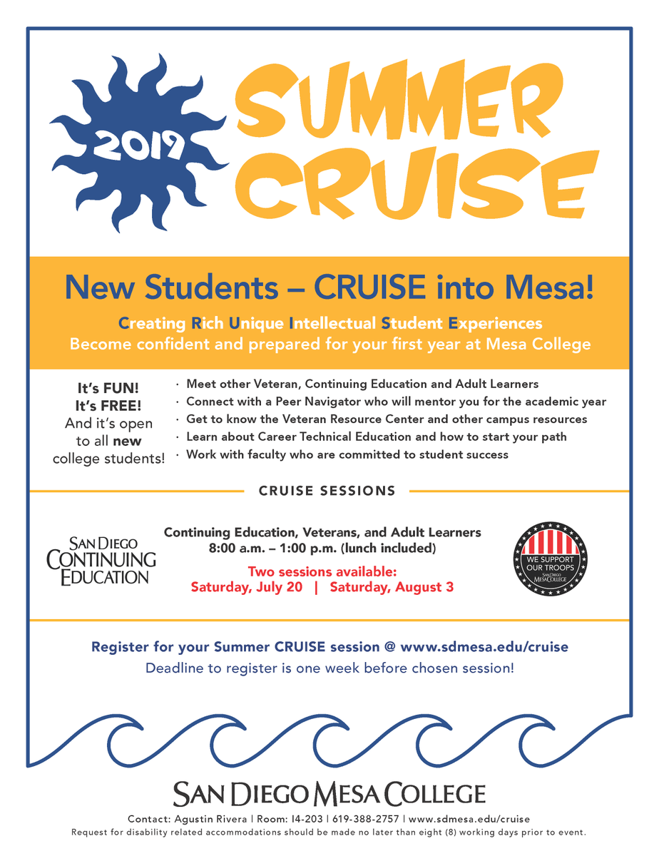 We have more #SummerCruise sessions coming up at #SDMesaCollege.
Recent High School grads and Adult Learners including those from @SDCE and #Veterans can sign up for these free sessions.
Don't miss out. Free lunch is provided. Sign up here: buff.ly/2YnYmLD