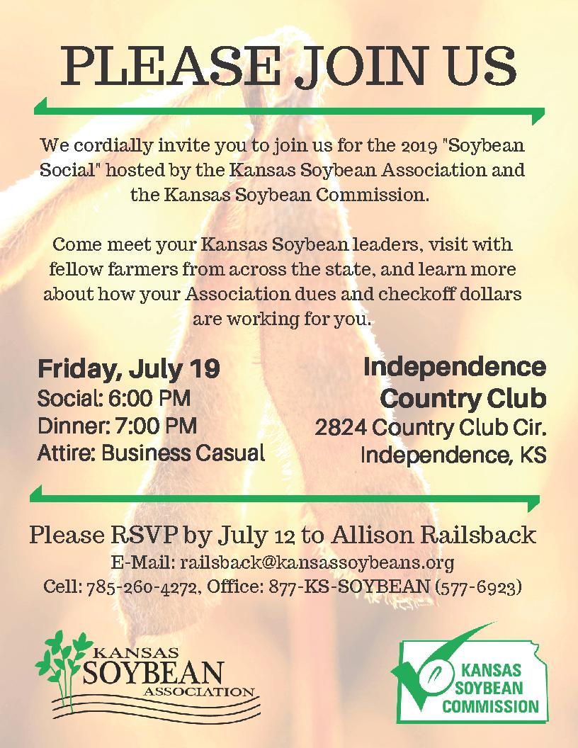 KsSoybean's tweet photo. #Soybean #farmers in SE #Kansas: Make plans to join your Cmsn & Assn leaders for dinner July 19 in #IndependenceKS. Reservations are due July 12. #KsAg https://t.co/Jkuc3gBu4v