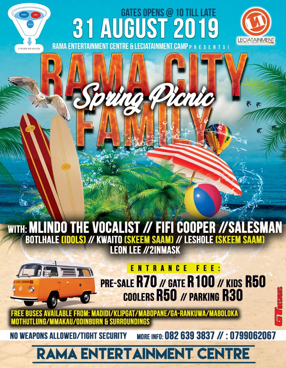 leciatainment's tweet photo. All road leadz 2 Rama Entertainment Centre (Rosslyn Road) onde 31st August '19 for Rama City Family Spring Picnic (Leciatainment Camp 11th Year Anniversary Activation)... Mlindo The Vocalist/Leshole/Kwaito (Skeem Saam)/Fifi Cooper/Botlhale (Idols)/2inMask/Leon Lee &amp; More... https://t.co/frYqSdvdpp