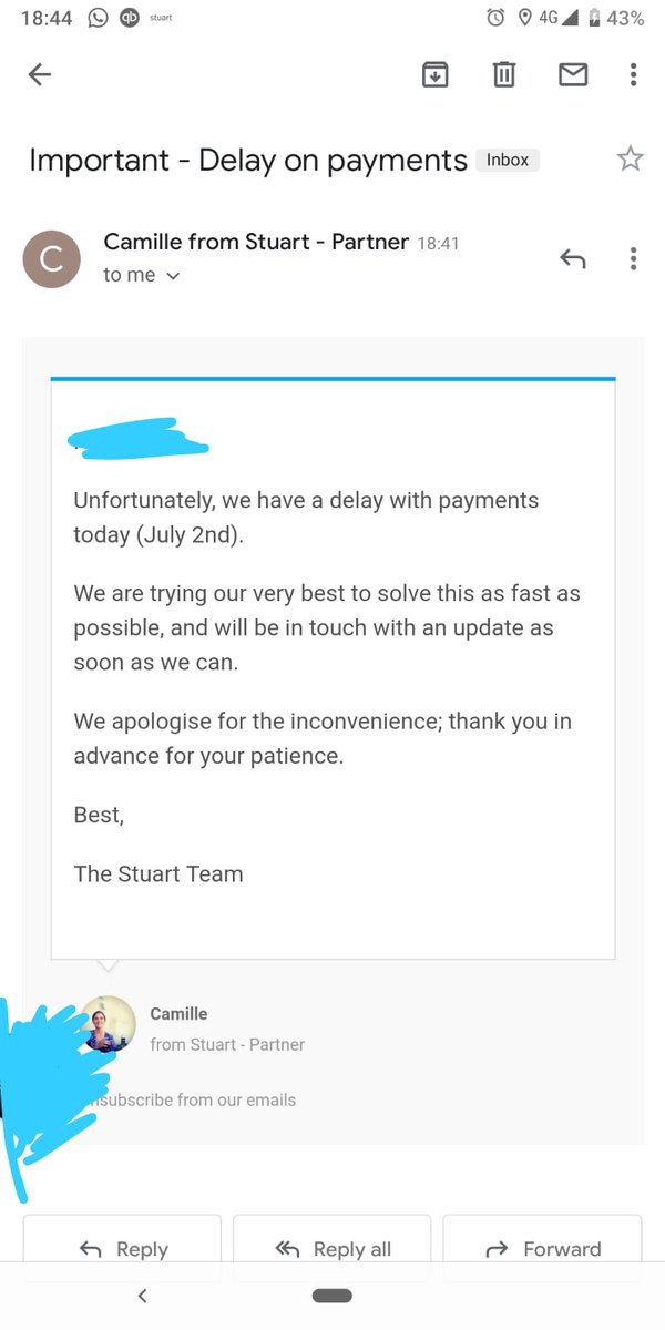 IWGB_CLB's tweet photo. Yet again @Stuart_Delivery is failing to pay it's riders on time. How do they expect couriers to pay bills tomorrow? Do you think the bosses ever get their fat paychecks late or bonuses delayed? https://t.co/31NGgOf5X9
