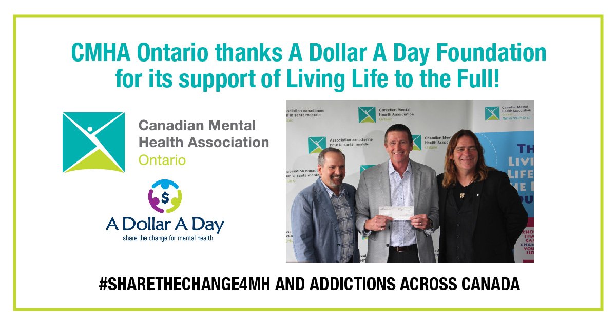 CMHAOntario's tweet photo. We'd like to thank the contributors of @adollardayfdn for making a donation to our Living Life to the Full program possible. This will help us continue to provide this #CBT-based course to caregivers 55+, older adults, and more! https://t.co/x8mY6MzZqt #SHARETHECHANGE4MH https://t.co/1ECY2X3kk0