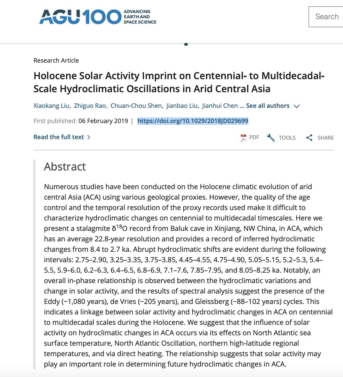 WWeijari's tweet image. New study finds Solar Activity imprint in Holocene hydro climate in Arid Central Asia. doi.org/10.1029/2018JD… #climatechange #solarforcing