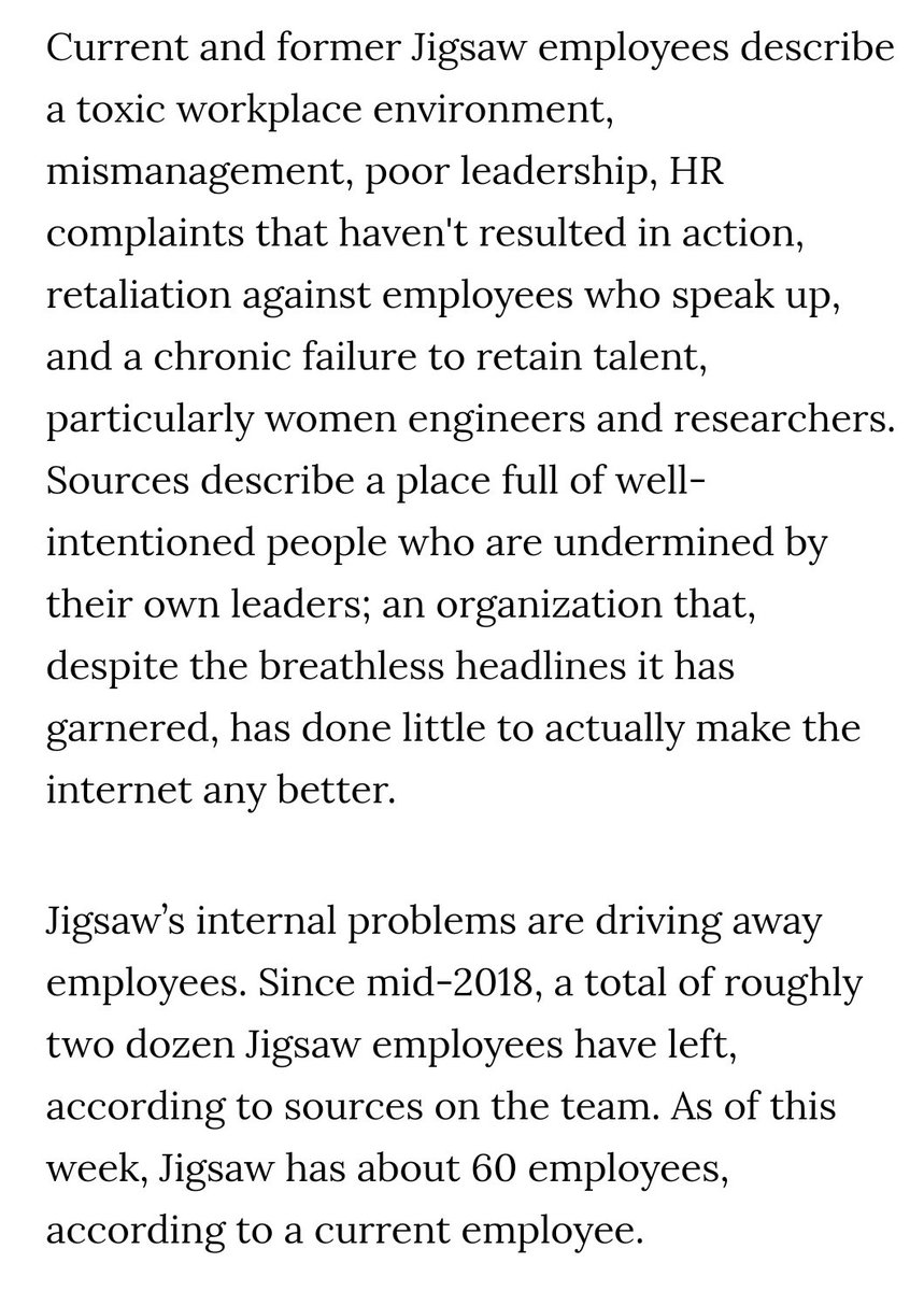 Google's Jigsaw, which is focused on internet safety &amp; addressing online harassment, is described as a toxic environment for women, with a culture of retaliation. Over 20 employees have left in the last year (Jigsaw currently has 60 employees). vice.com/amp/en_us/arti…