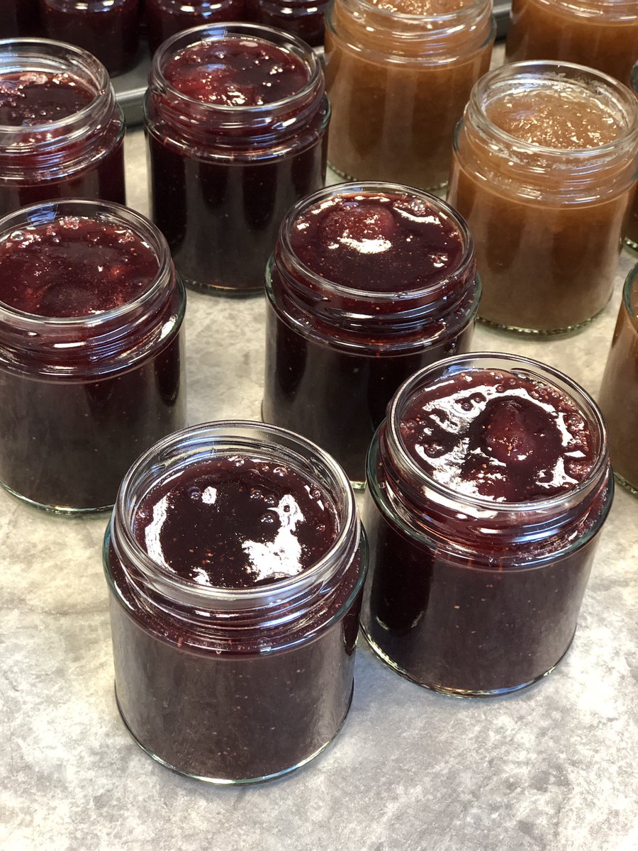 Weekitchenjam's tweet image. That’s the jammin finished for tonight ..another batch of Rhubarb jam with pink gin .. and Scottish strawberry jam  .. might need to have a wee pink gin , as that’s us just home and wouldn’t want to waste the bottle.. 😉