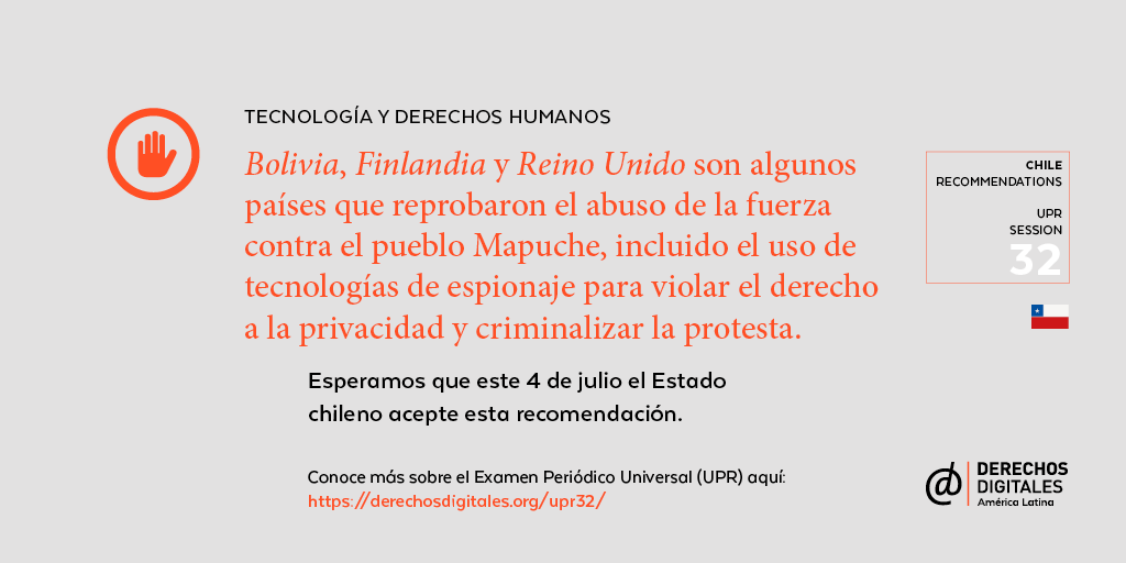 derechosdigital's tweet photo. Este 4 de julio, tras las recomendaciones del #EPU32 o #UPR32, el Estado chileno debe adoptar las normas internacionales para el disfrute de los derechos humanos en internet, el respeto al derecho a la privacidad y la prevención de la violencia en sus manifestaciones digitales https://t.co/GWPt95QGSC