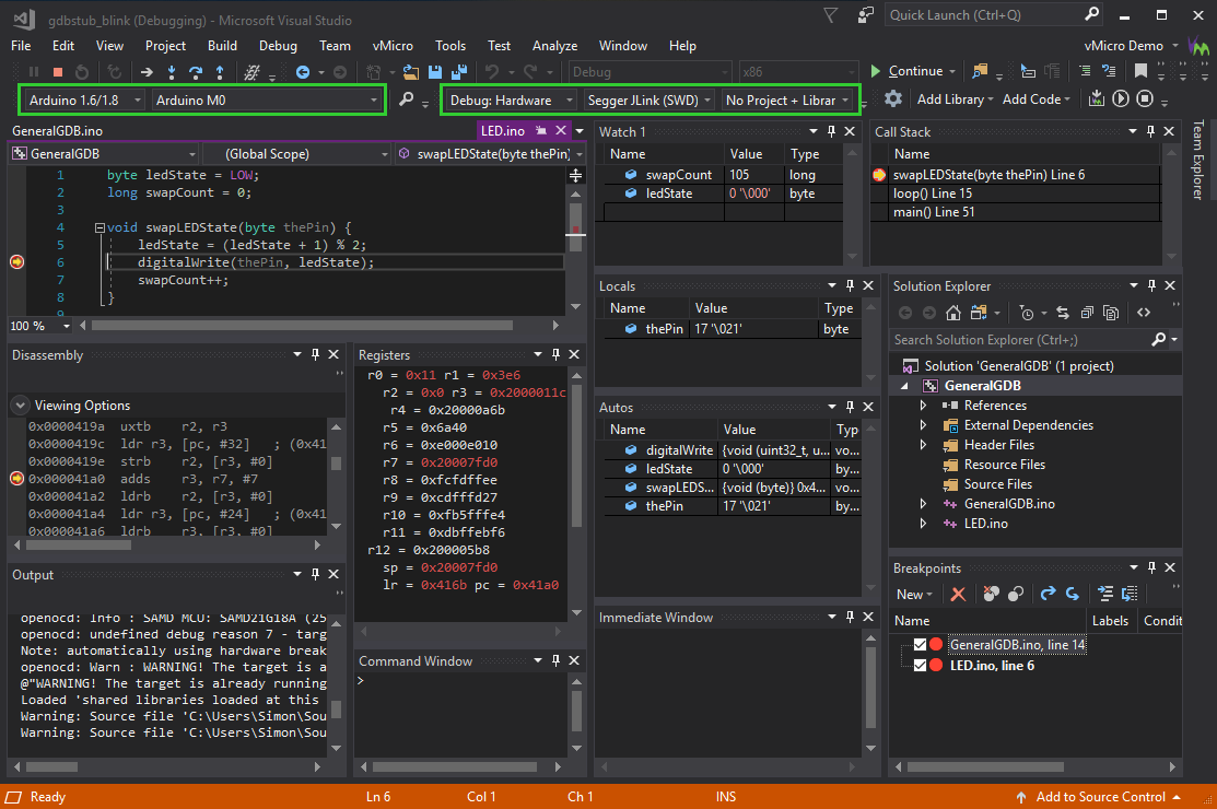 visualmicro's tweet photo. @gojimmypi @SEGGERMicro @VisualStudio #ArduinoIDE with #GDB for #VisualStudio making #SEGGER simpler for #ArduinoMakers. Debug #Arduino projects, libs and core without #code modification. Supports #multiple .ino files, disable optimizations, context sensitive connection diagrams https://t.co/hCypq2hETM https://t.co/p6rBx3oUSj