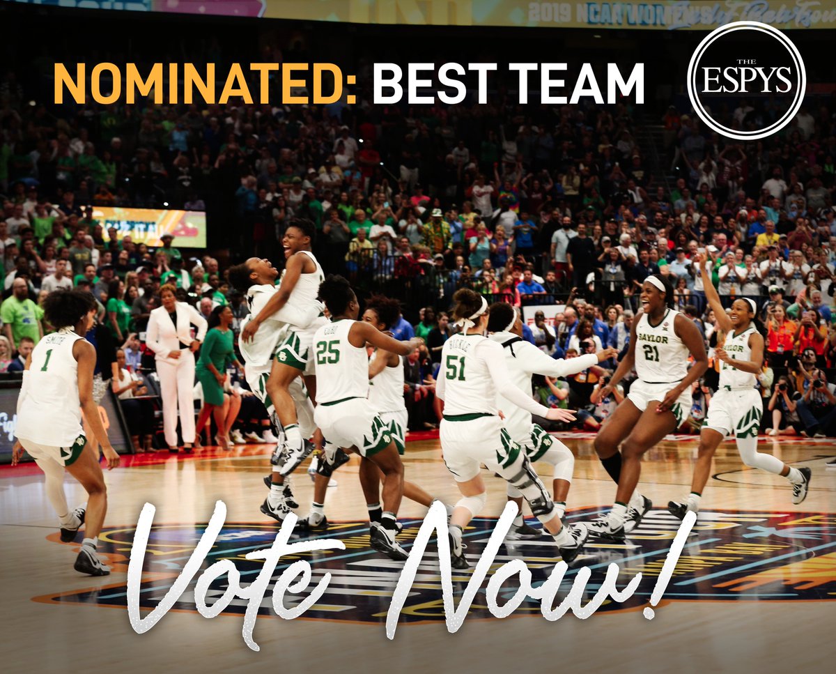 BaylorWBB's tweet photo. 🚨 BREAKING! 🚨

Your 2018-19 Lady Bears were nominated for an @ESPYS for "Best Team"

VOTE ✅🗳️ NOW! 👉 https://t.co/JpFCnRUuct

#SicEm https://t.co/ECZHweJcVl