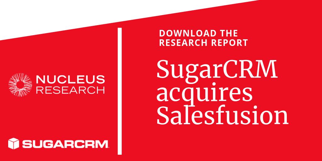 Acquiring Salesfusion is <a href="/SugarCRM/">SugarCRM</a>'s recent step toward fulfilling our customers' requirements for their overall #CRM strategy. Read the <a href="/NucleusResearch/">Nucleus Research</a> Report and learn how #marketingautomation capabilities support your business: bit.ly/2RvjcWO #CRM