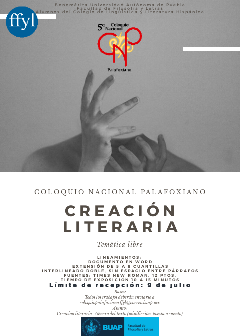 ColPalafoxiano's tweet photo. ¡Se acerca el cierre de la convocatoria! 

Géneros: minificción/cuento /poesía

Mandar trabajos a coloquiopalafoxiano.ffyl@correo.buap.mx

Asunto: Creación literaria - Género del texto. https://t.co/dNZ3jqPgak