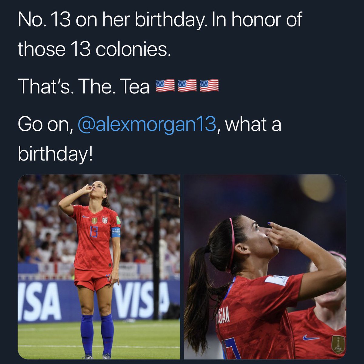 DesaStoneEdS's tweet photo. And the Tweets just keep coming...the geeky US History teacher in me couldnโt be any happier right now ๐โค๏ธ๐บ๐ธโฝ๏ธ๐๐ #USWNT #ENGUSA #FinalsBound #ThrowbackShade https://t.co/xlxJBHf7Bq
