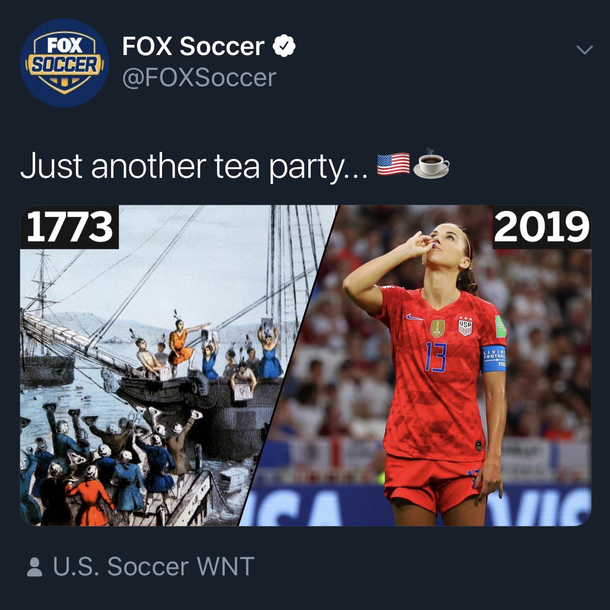 DesaStoneEdS's tweet photo. And the Tweets just keep coming...the geeky US History teacher in me couldnโt be any happier right now ๐โค๏ธ๐บ๐ธโฝ๏ธ๐๐ #USWNT #ENGUSA #FinalsBound #ThrowbackShade https://t.co/xlxJBHf7Bq