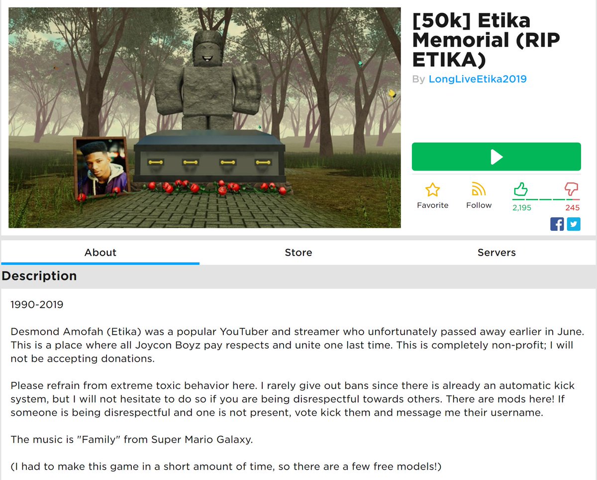 Im Salt On Twitter One Of The Boyz That Plays Roblox Made A Memorial For Etika I Found It Randomly While Browsing Top Rated Games On Roblox Https T Co Mtigi5bchr