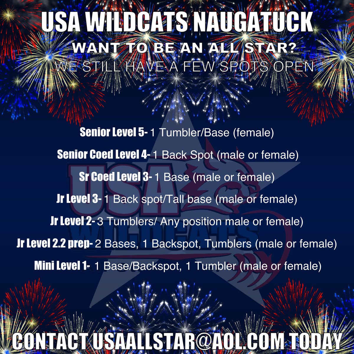 📢We still have some spots available on some of our teams! 
📧If you are interested in joining our Wildcat family to fill one of these spots please contact usaallstar@aol.com