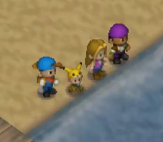 in hm64 each rival couple's child wore a different animal hat. karen and kai's (YES they got married in 64) had pikachu!!