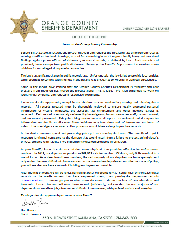 OCSheriffBarnes's tweet photo. A letter to the Orange County community regarding Senate Bill 1421: https://t.co/OtkIfcyi6S https://t.co/zM9I5L8EcX