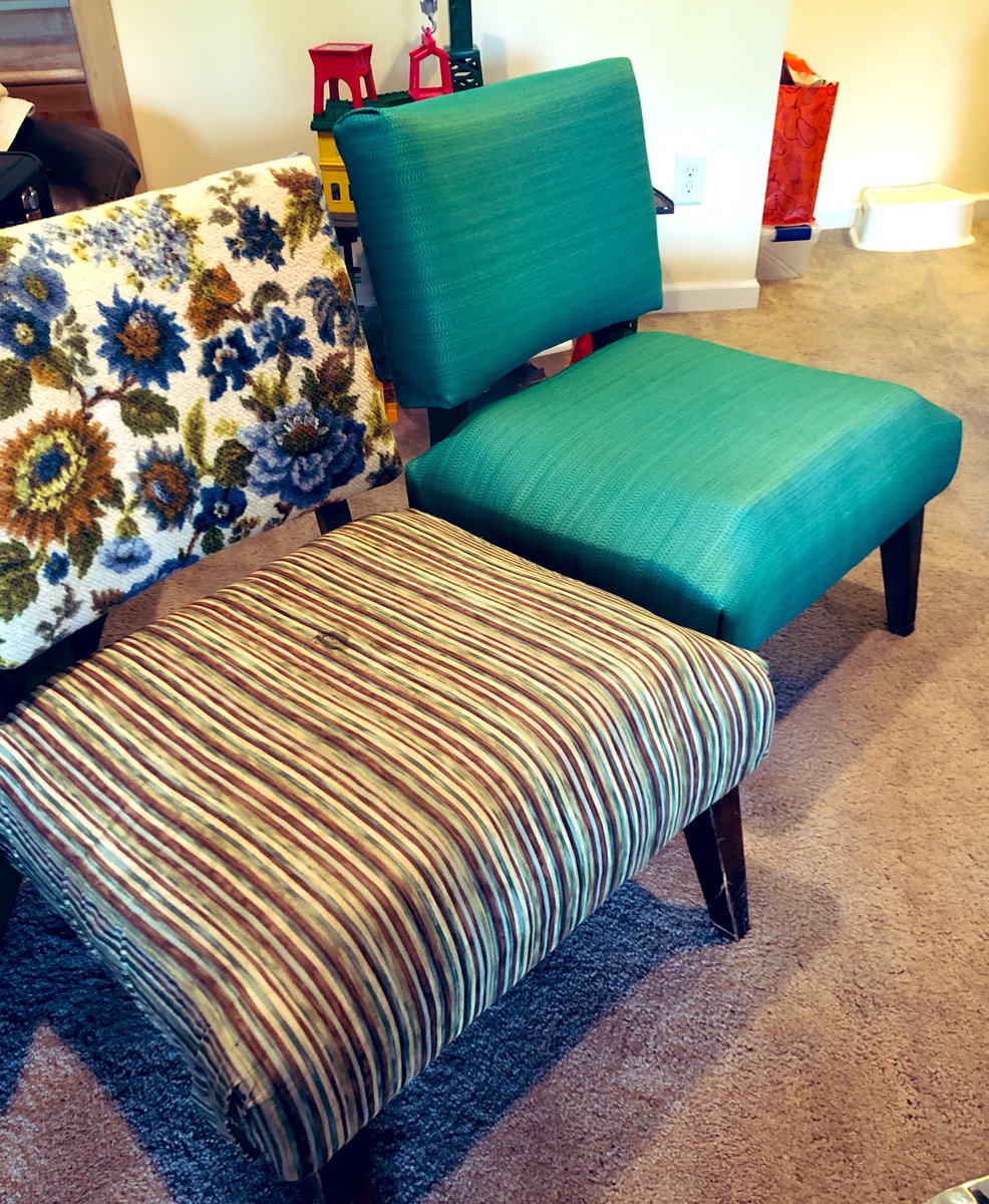 MrsCook_RJ's tweet photo. Getting classroom crafty this summer! These chairs were upholstered in this floral print by my grandma in the 70s, then in stripes by me about 10 years ago. Now they are getting a teal facelift! #roomchange #BuiltRidgeTough https://t.co/P8Y31eKiqY