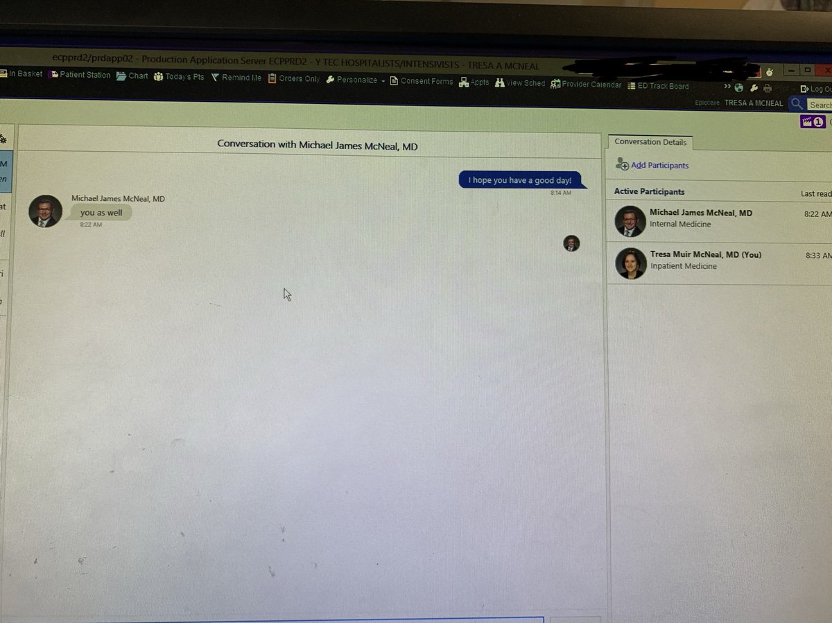 TresaMcNealMD's tweet photo. This just in.....Epic develops new way to facilitate communication in 2 physician families using new secure chat feature. @EPICEMRparody @MikeMcNealMD https://t.co/tMW0SOTCae