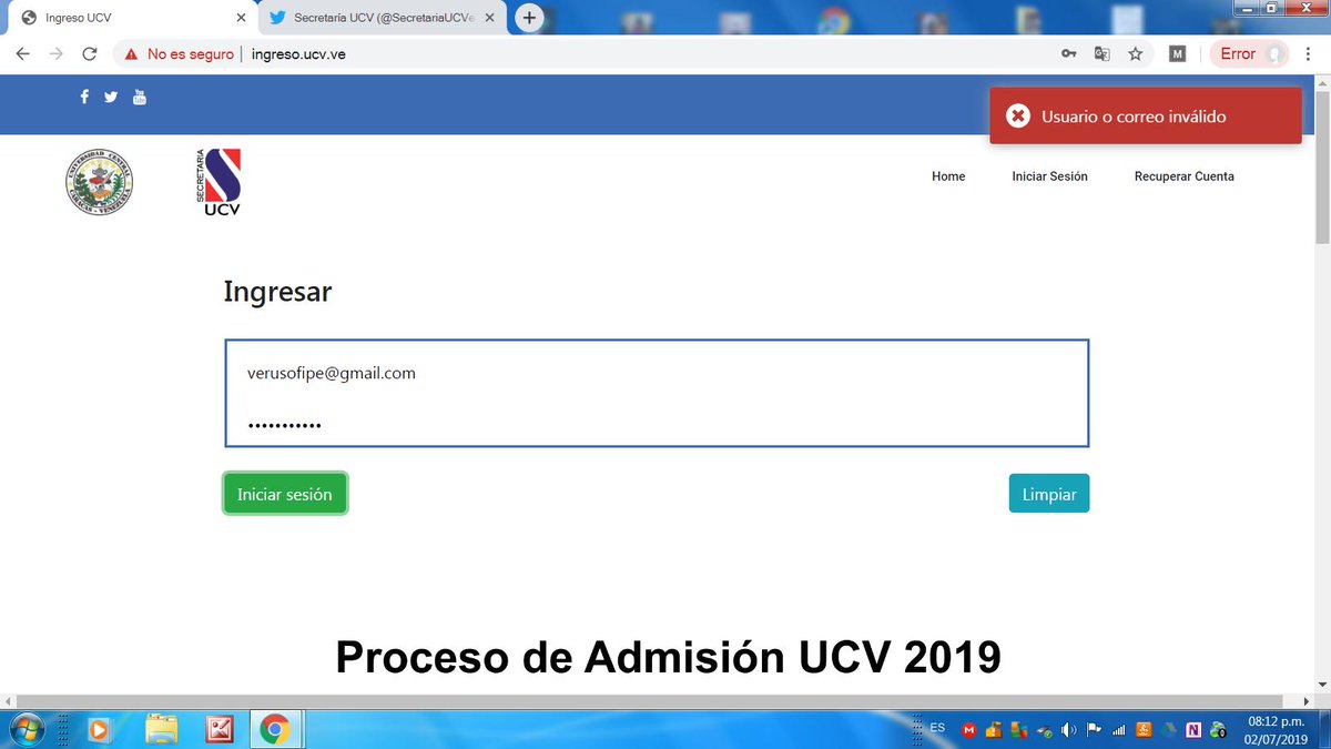 PeVioletica's tweet photo. @SecretariaUCVe hola. cuando ingreso mi correo  me dice ´´usuario o correo invalido´´ y ese si es mi correo correcto. Qué debo hacer?
gracias! https://t.co/7ypfe8znY4