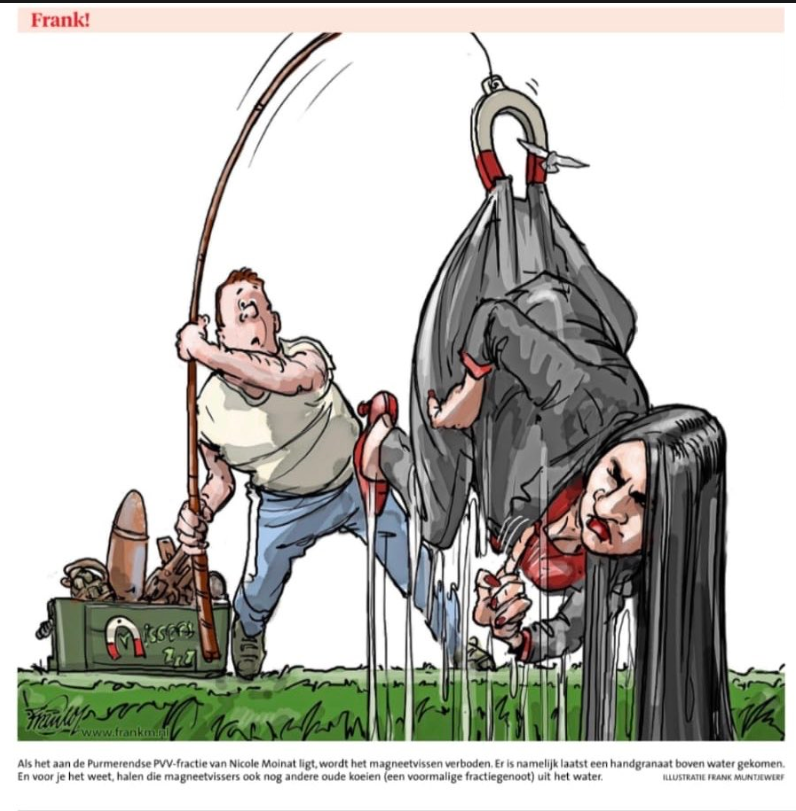 PVVZaanstad's tweet photo. Deze cartoon waar @officiele_PVV zetelrover @ShirleySoenjoto uit het water wordt gevist tijden het omstreden magneetvissen is best grappig.
De door #afwezigheid schitterende ex-fractievoorzitter #Soenjoto zou ik net als die denkbeeldige koeien niet uit de sloot willen halen. https://t.co/QwW39cSeVu