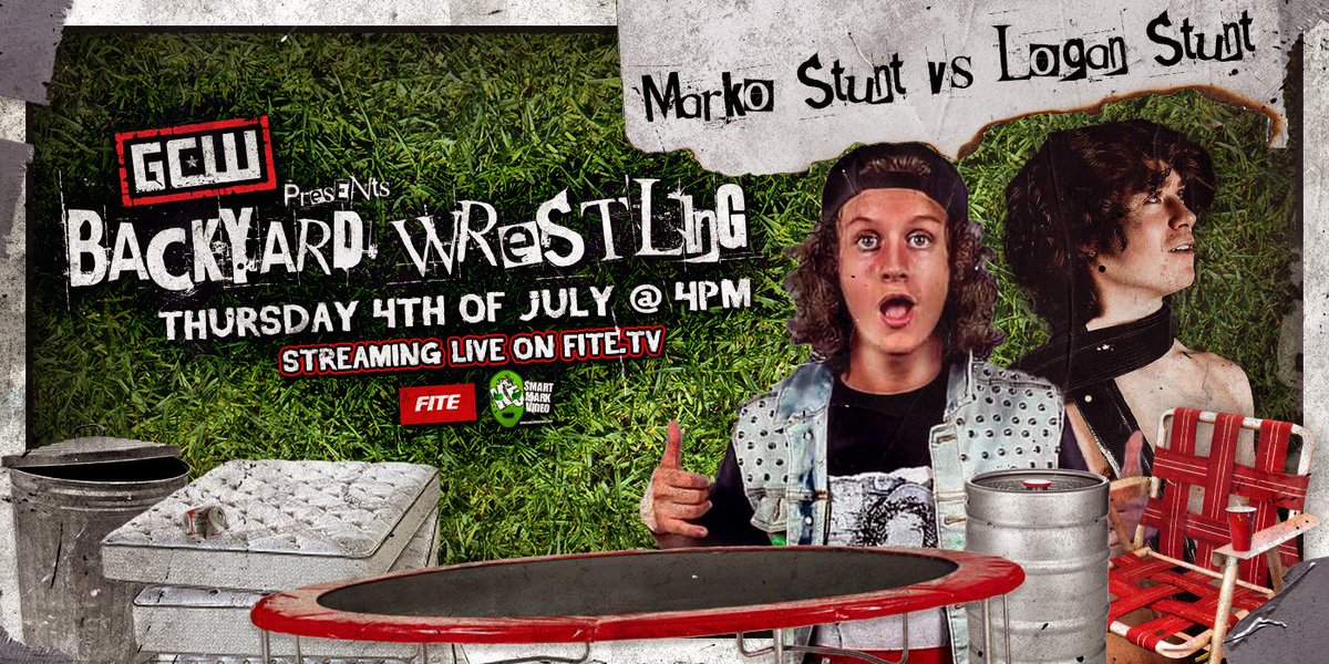 GCWrestling_'s tweet photo. *YARDER UPDATE*
Just Added:
MARKO STUNT
vs
LOGAN STUNT
Watch LIVE on @FiteTV:
https://t.co/rRmTB6cF95
GCW presents
BACKYARD WRESTLING
July 4th - 4pm
Trampolines ✔
Mattresses ✔
Boombox ✔
Lawn Chairs ✔
Fuckery ✔ https://t.co/XGB5KEapCp