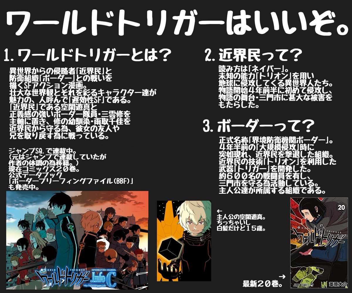 しゃけとら 明日はジャンプsq の発売日なので文字だらけのワールドトリガーダイマを作りました 未来のワートリ読者に届け ワールドトリガー ワートリ 遅効性sf ジャンプsq たしかなまんぞく T Co 6i0rykolmh Twitter しゃけとら 明日はジャンプsq の発売日なので文字だらけのワールドトリガーダイマを作りました 未来のワートリ読者に届け ワールドトリガー ワートリ 遅効性sf ジャンプsq たしかなまんぞく T Co 6i0rykolmh Twitter