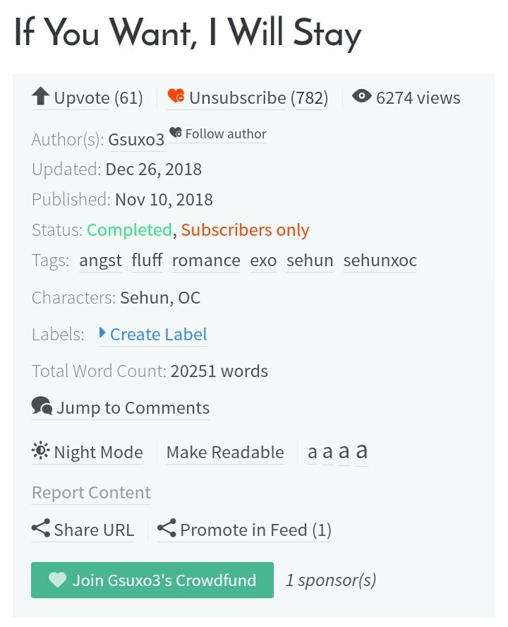 If you want, I will stayCompletedRomance, angstSehun x OCShort but worth reading :")) https://www.asianfanfics.com/story/view/1375891/if-you-want-i-will-stay