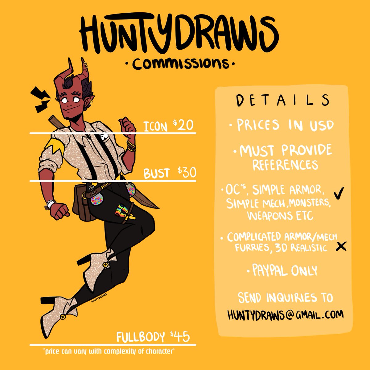 ⚡️COMMISSIONS OPEN ⚡️

I'm open for all commission types, Get in while they're hot!

Email huntydraws@gmail.com for inquiries! 
Other work examples: https://t.co/JcPIkzFxj1

✨RT's appreciated! ✨ 