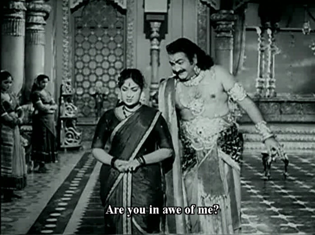 In 1961, SVR's role as Keechaka in the movie 'Nartanasala' earned him the best actor award at the Afro-Asian Film Festival held in Jakarta!  Here are a couple of stills from that film. The subtitles here are LOL!