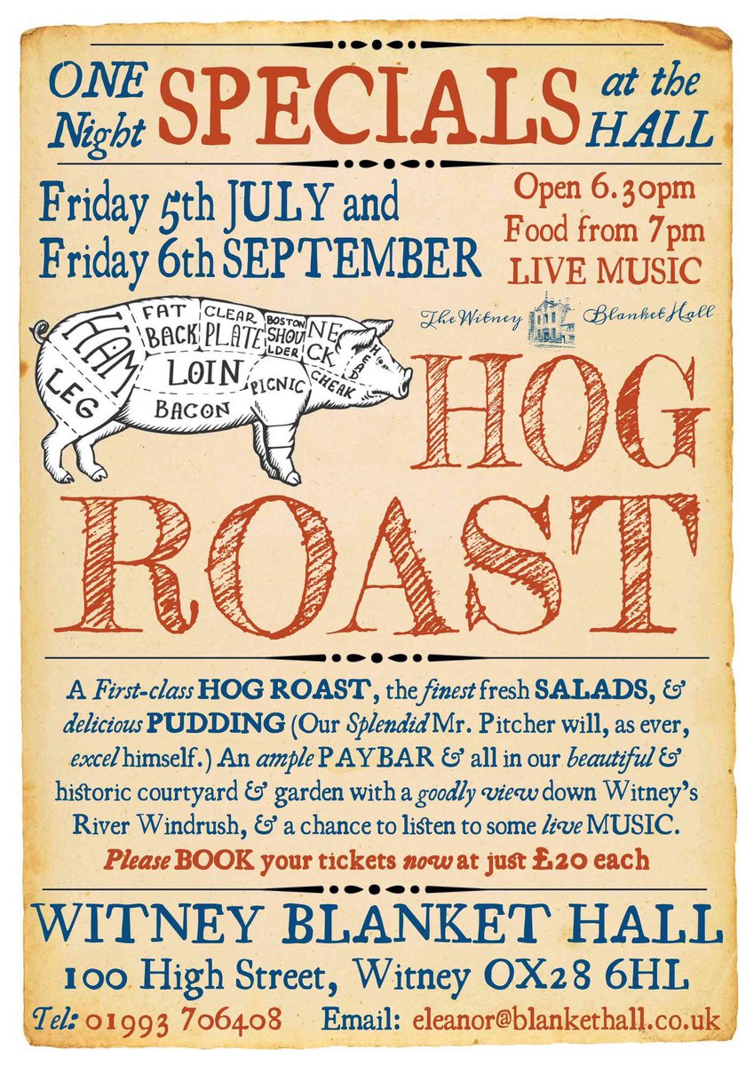 Have you bought your tickets yet?? The perfect hog provided by <a href="/Denshamsbutcher/">Denshams Butchers</a> the finest salads by <a href="/theblankethall/">Witney Blanket Hall</a> entertainment in the form of a beautiful cello and flute duo and a well stocked bar courtesy of <a href="/majesticwitney/">Majestic Wine Witney</a> spread the word far and wide - all welcome! X