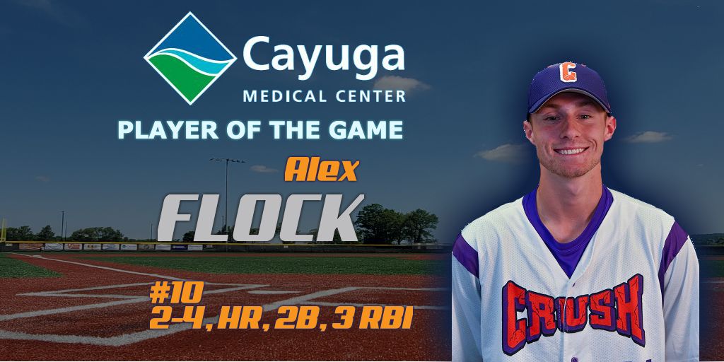 Your Cayuga Medical Center Player of the Game is none other than Alex Flock, who came up huge with 3 RBI's and a dinger in today's win over Syracuse Spartans.

#FlockCrush19 #CrushBall19