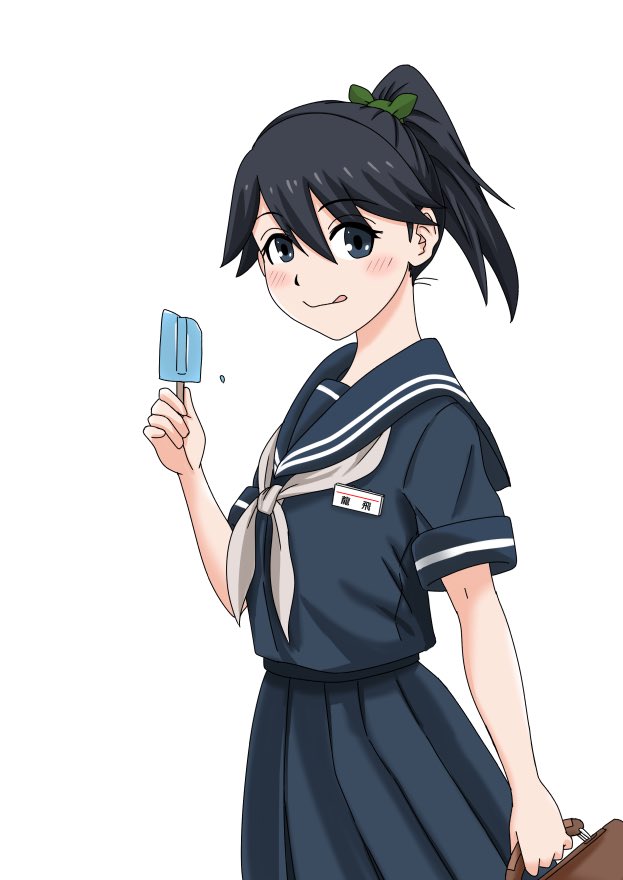 houshou (kancolle) 1girl solo school uniform food skirt serafuku ponytail  illustration images