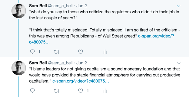 her view on regulation and the financial crisis?  https://twitter.com/sam_a_bell/status/1135193767110205445