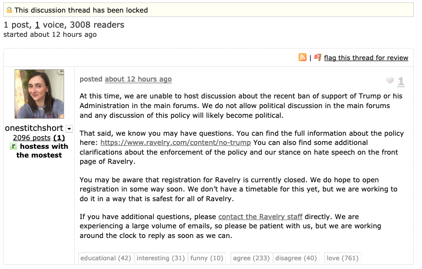 PeasandQuiet's tweet photo. .@ravelry, 1st sentence leaves much to discern. Why're you unable to discuss your #NoTrump policy? Hackers? Attorneys? Penultimate sentence, why can no one communicate with #ravelry in public? #TransparentMuch #byeravelry #BoycottRavelry #RavelryExodus #RavelryHypocrisy #USA https://t.co/4Oh75oOWLp