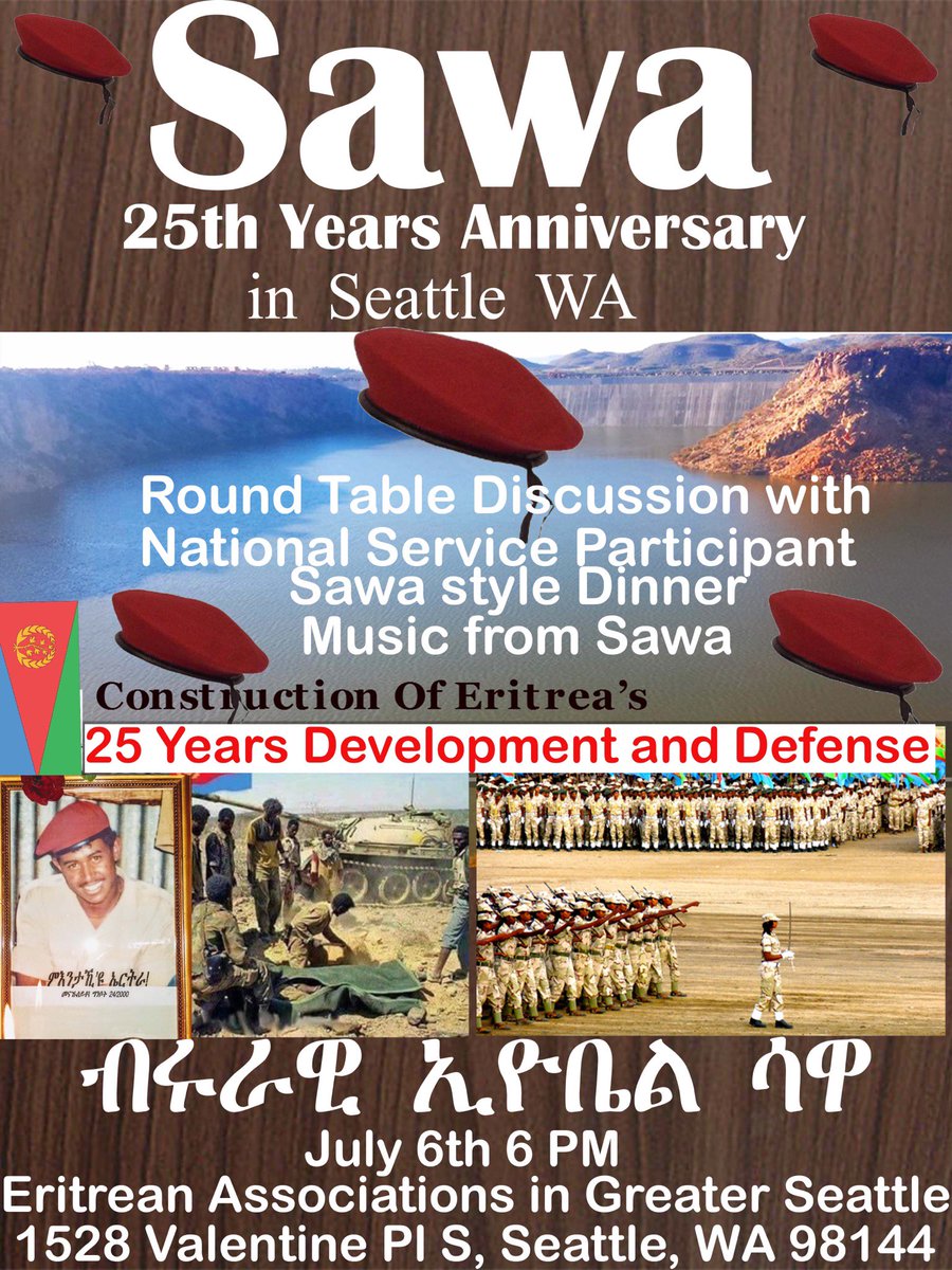 koneselam13's tweet photo. Sawa 25th Anniversary: 
#SawaAt25
Proud we served, defended, &amp; built our beloved country Eritrea.
ንሃገርና ስለዝተኸላኸልናን ዘገልገልናን ዝሃነጽናን ሓበን ይስማዓና!!
ዓወት ንሓፋሽ!!
#CelebrateSawaAt25
Seattle, Dallas, Houston, Minnesota, Chicago, Denver, D.C. &amp; more https://t.co/sNdry8Z5Cf