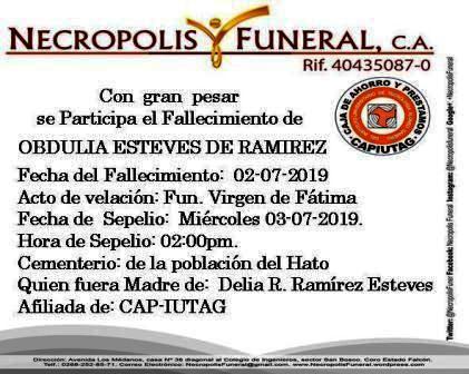 FUNLAINMACULADA's tweet photo. Ha Fallecido OBDULIA DE RAMÍREZ madre de nuestra afiliada DELIA RAMÍREZ de Capiutag velación en Pto Fijo https://t.co/Ntgwz80Yjg