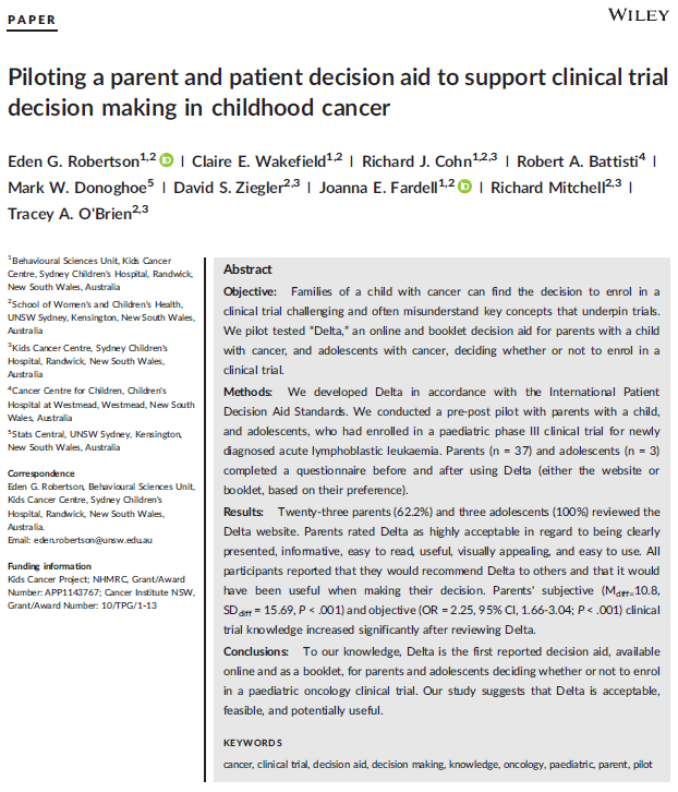 'Delta', the world-first #decisionaid to support #parents & #adolescents deciding whether to enrol in a paed onc #clinicaltrial. Parents' clin trial knowledge was significantly ⇧ after Delta. All participants said they would recommend Delta to others. rdcu.be/bGoKG