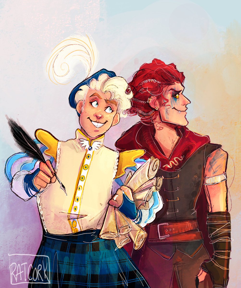 RatCork's tweet photo. I went to a real life LARP park this weekend so I drew the boys in fantasy land 

#goodomens #goodomensart #goodomensprime #ineffablehusbands #crowley #aziraphale #larp #art #ArtistOnTwitter https://t.co/FhhUfKVo46