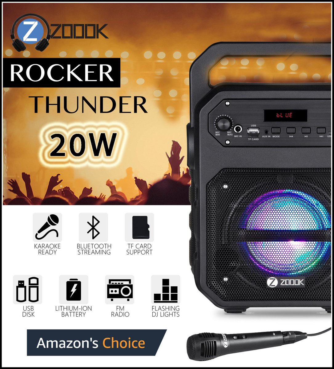 zoook rocker thunder 20 watts bluetooth speaker with karaoke