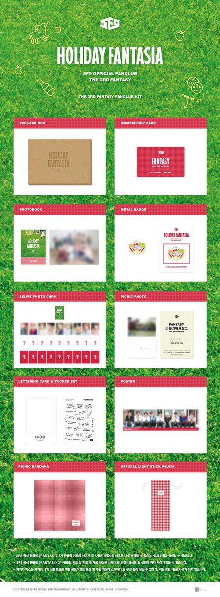 MYFantasy_9's tweet photo. Fantasy 3 Fanclub Kit revealed!
Items:
-Package box
-Membership card
-Photobook
-Metal Badge
-Selfie Photocard
-Picnic Photo
-Lettering card sticker set
-Poster
-Picnic Bandana
-Official Light Stick Pouch
#SF9 #SF9RPM #FANTASY3 #판타지3기 https://t.co/HfmP8rD1YK