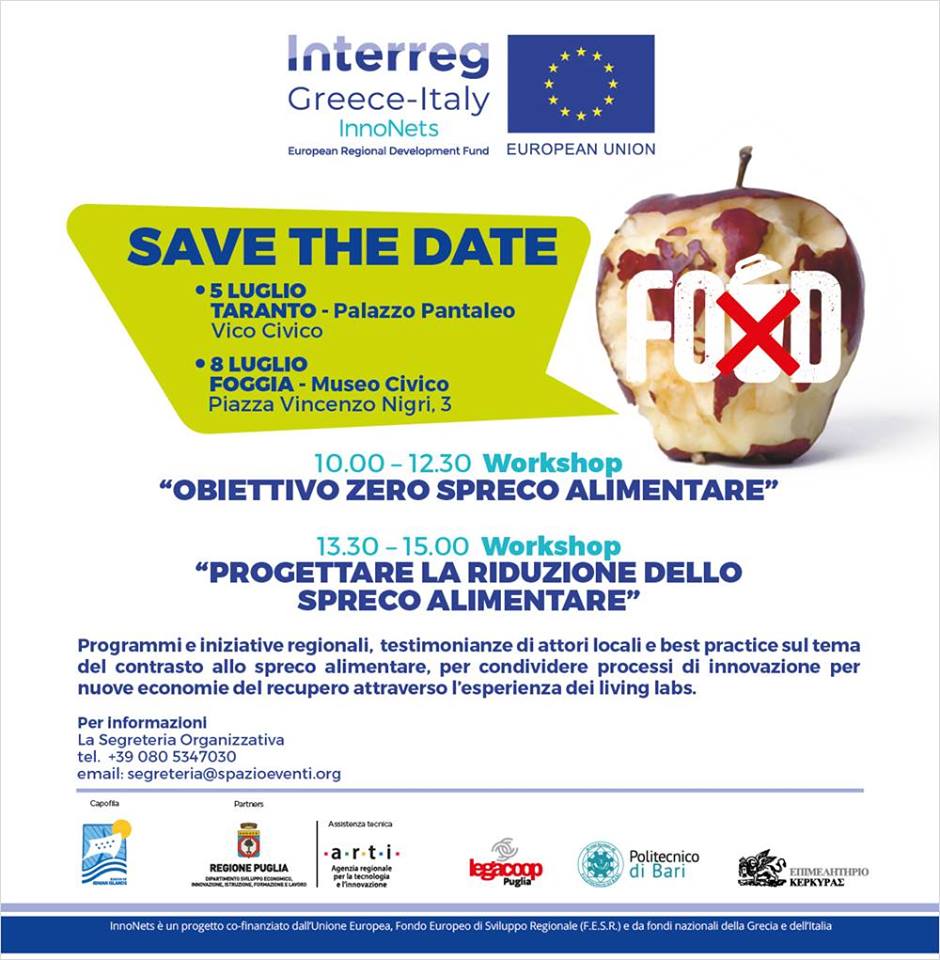 🗣Venerdì  5 luglio saremo a Taranto per parlare di  consumi sostenibili ed economia circolare nell'ambito del Workshop  'Obiettivo zero spreco alimentare'. 
Evento promosso da @RegionePuglia, @ArtiPuglia , @LegacoopPuglia e @PolibaOfficial di Bari:progetto #InnoNets 👇