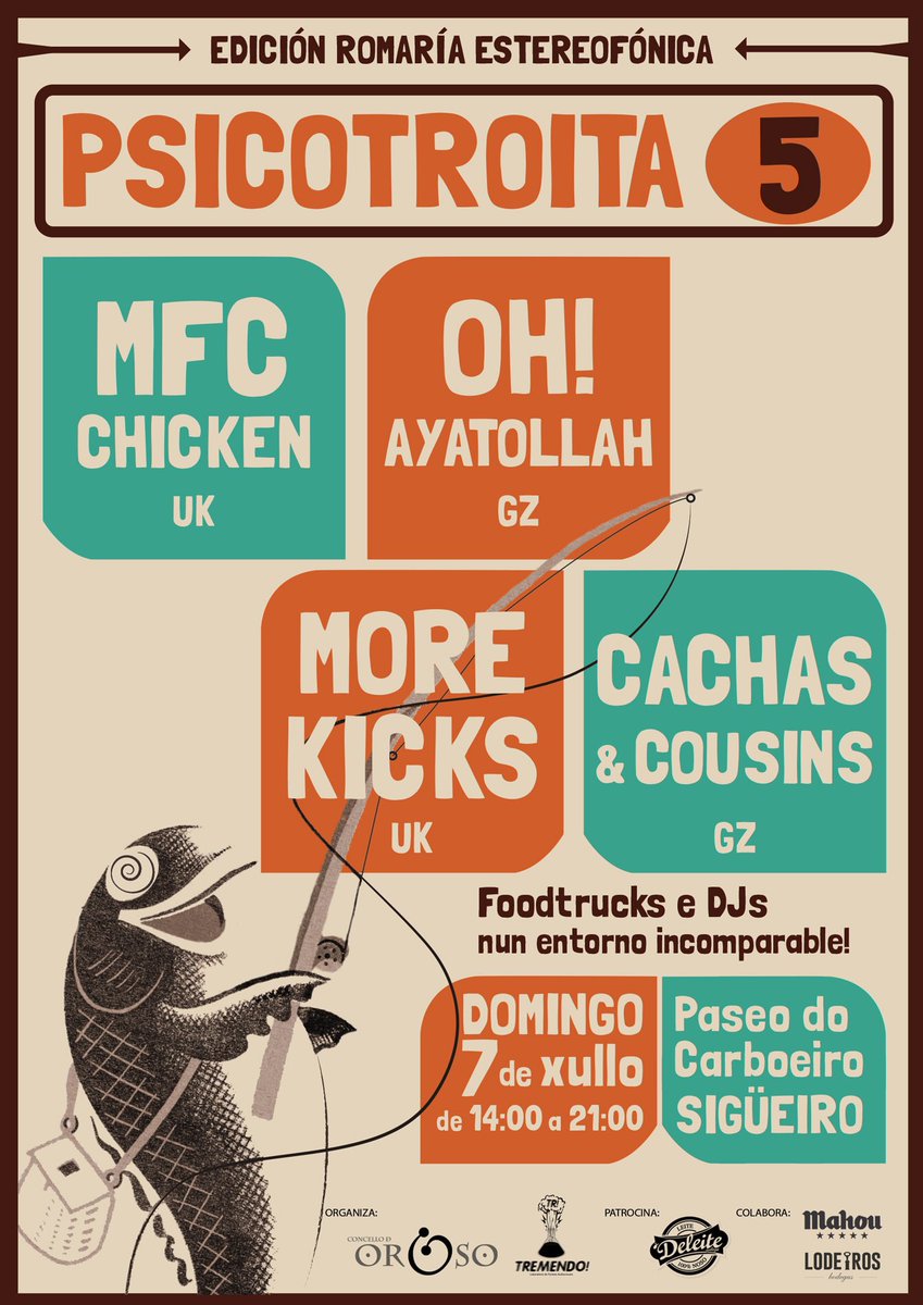 Ola, Caamagners! 👋

Tudo bem? 🧐 Este verán non vai ser todo tocar e o domingo 7 de xullo temos a <a href="/Psicotroita/">Psicotroita</a> en Sigüeiro. Con bandazas como <a href="/ohayatollah/">Oh! Ayatollah</a>, <a href="/cachasandcousin/">Cachas&Cousins</a>, <a href="/gimmemorekicks/">More Kicks</a> ou os f****** #MFCChicken! Aquí vos agardamos! 😉👇

facebook.com/events/3015695…