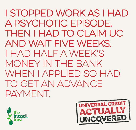 Comm_Links's tweet photo. The @TrussellTrust has found that #UniversalCredit and the #5WeekWait are causing unnecessary hardship to people experiencing #mentalhealth problems. We have found the same issues in our own emergency food support service, which is why we support the #5WeeksTooLong campaign. https://t.co/q8d6DqhmdW