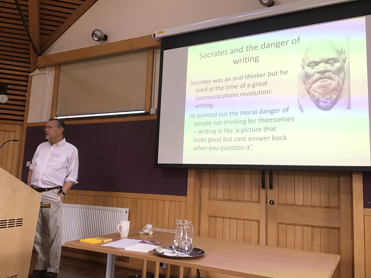 ProfArleneHH's tweet photo. @rupertwegerif is speaking my language at #oracy19! He highlights #Socrates, #fakenews & #posttruths in his @OracyCambridge talk. My #research on #Classical #rhetoric & #critical #literacy was featured in the 2018 @literacy_trust parliamentary report https://t.co/ZFESstyKpK https://t.co/3Zb8Jbf1uR