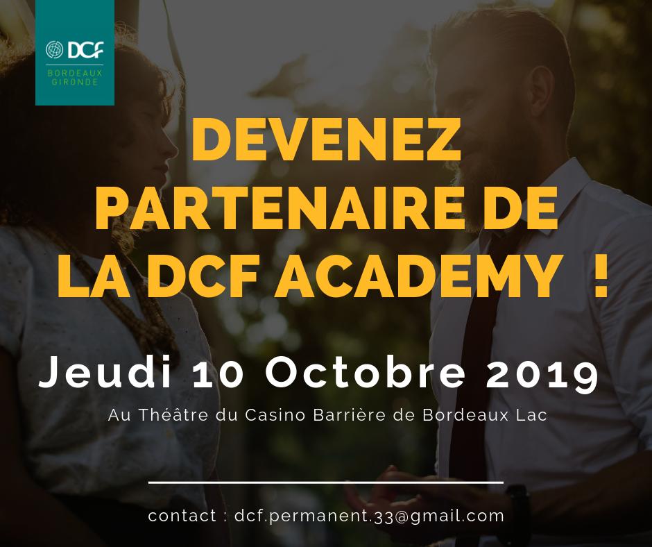 [ DCF ACADEMY ]

Devenez partenaire de notre seconde édition de la DCF ACADEMY ! 

 #partenariat #bordeauxmaville #Bordeaux #conference #partenaire #commercial #entreprises #DCF